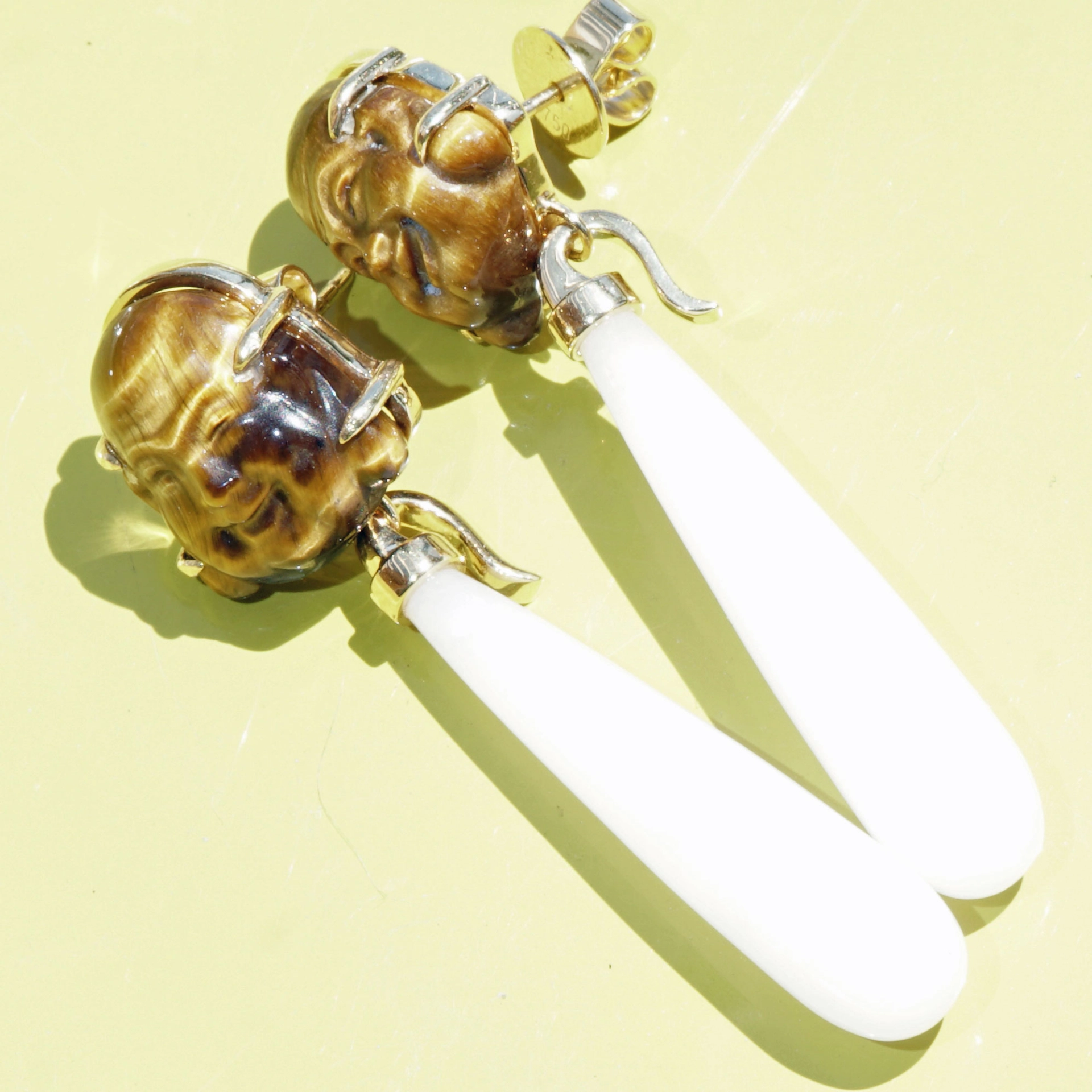 Cacholong Tiger Eye Buddha Head Earrings 18 kt Yellow Gold...makes happy