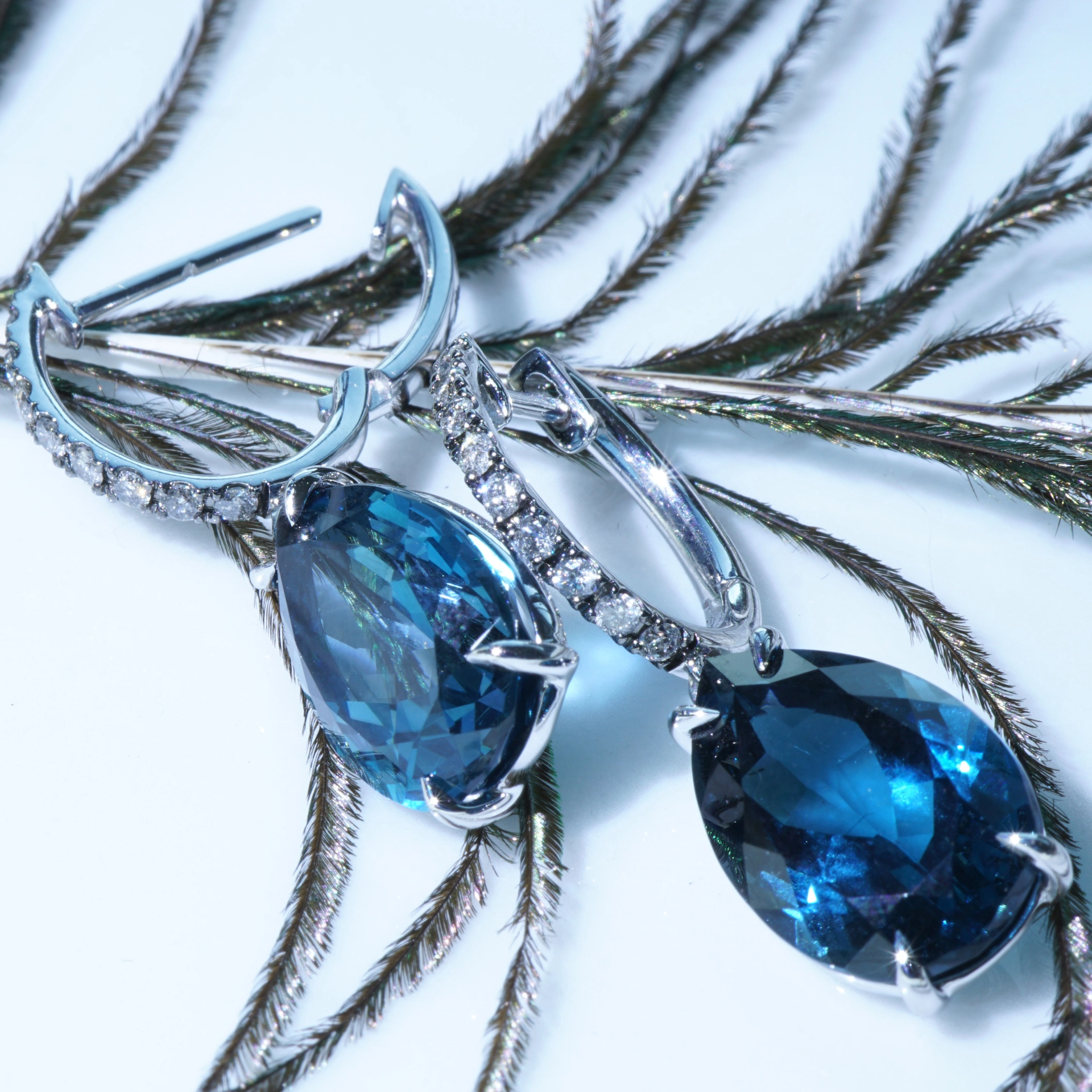 Blue and Grey Color Earrings made in a traditional Goldsmith's Factory in Valenza/Italy Bluetopaz and Diamonds 18kt Whitegold