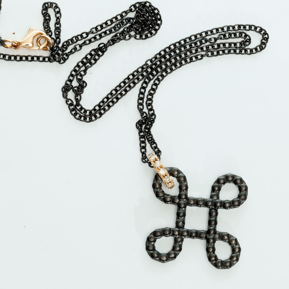 Brilliant Necklace 750 Rose Gold 0.29 ct TW VS... Mysticism Knot.. black rhodium-plated stainless steel
