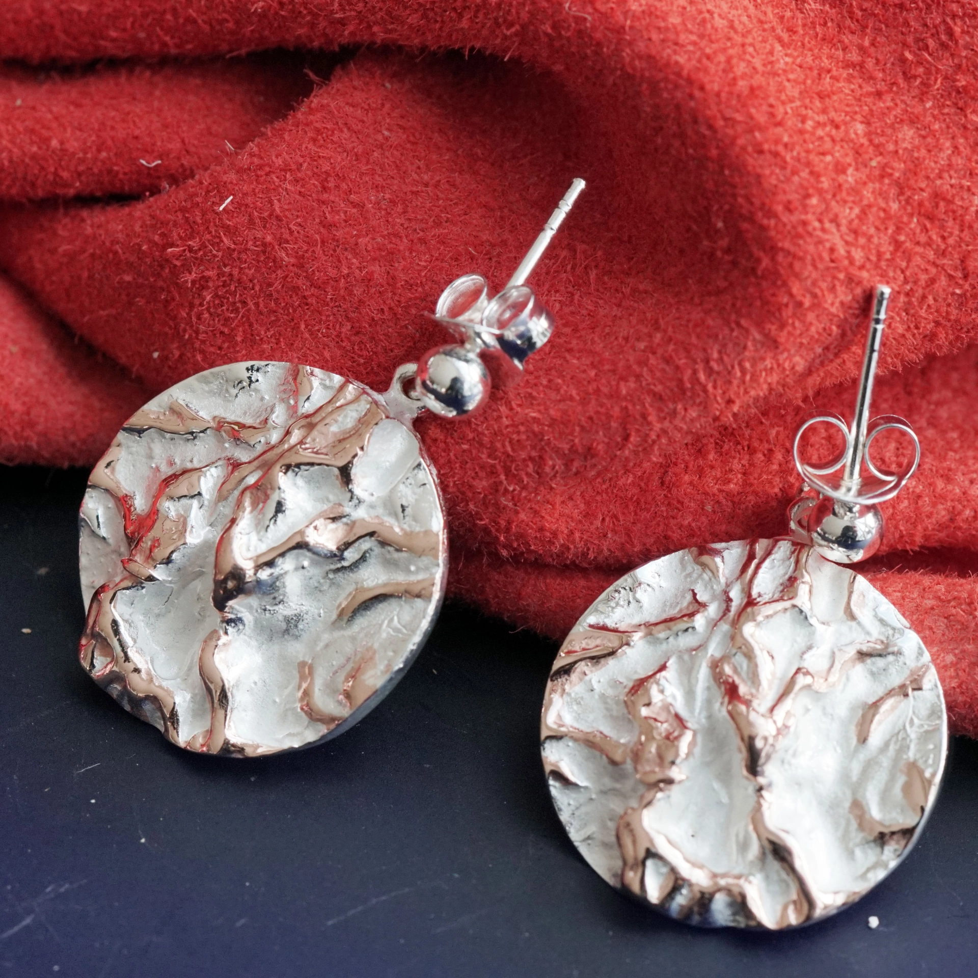 Ohrhänger Designerschmuck 21 mm D. Silber rosevergoldet Handarbeit