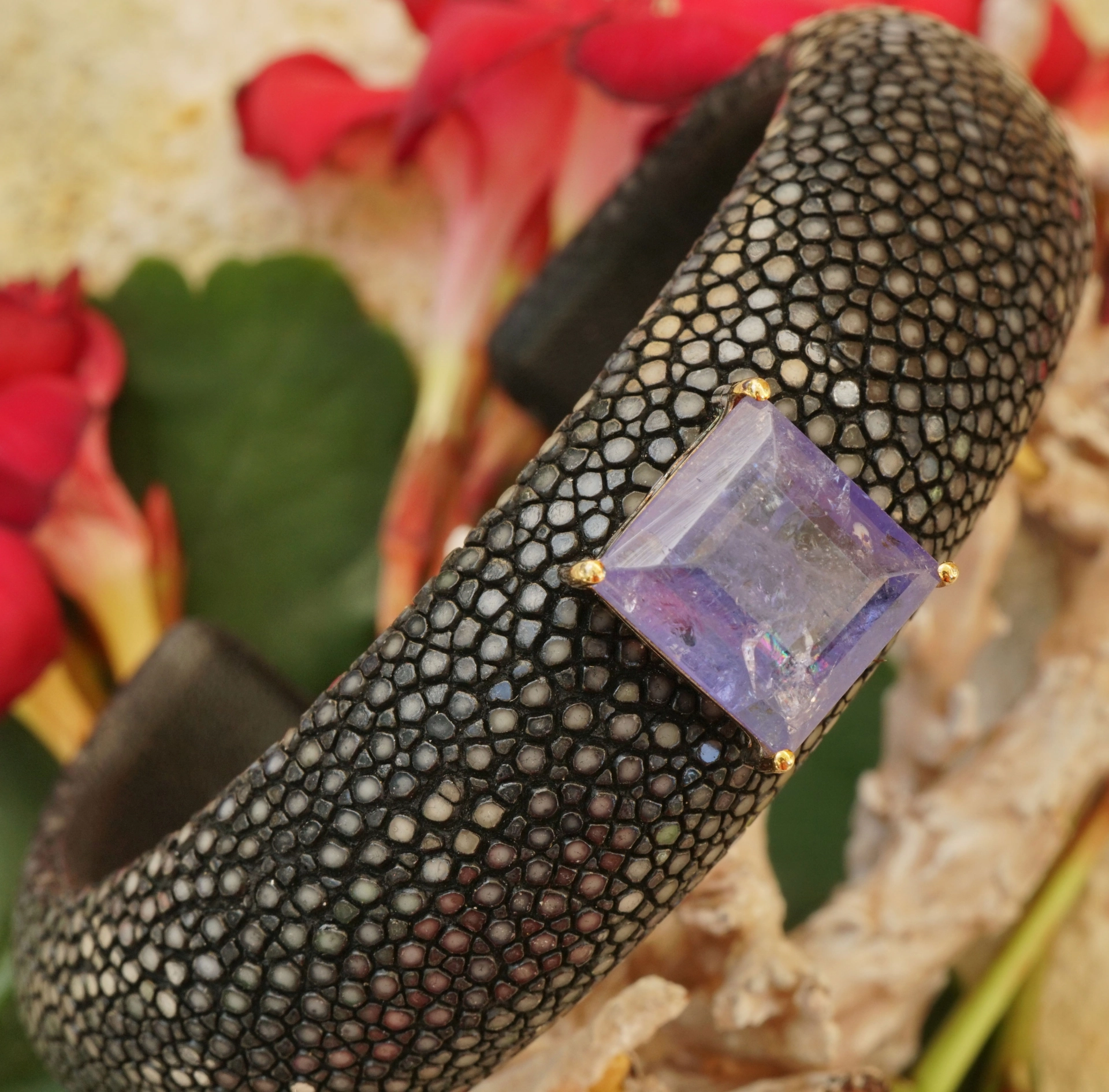 Tanzanite Bracelet 925 Silver/Gold Stingray Leather