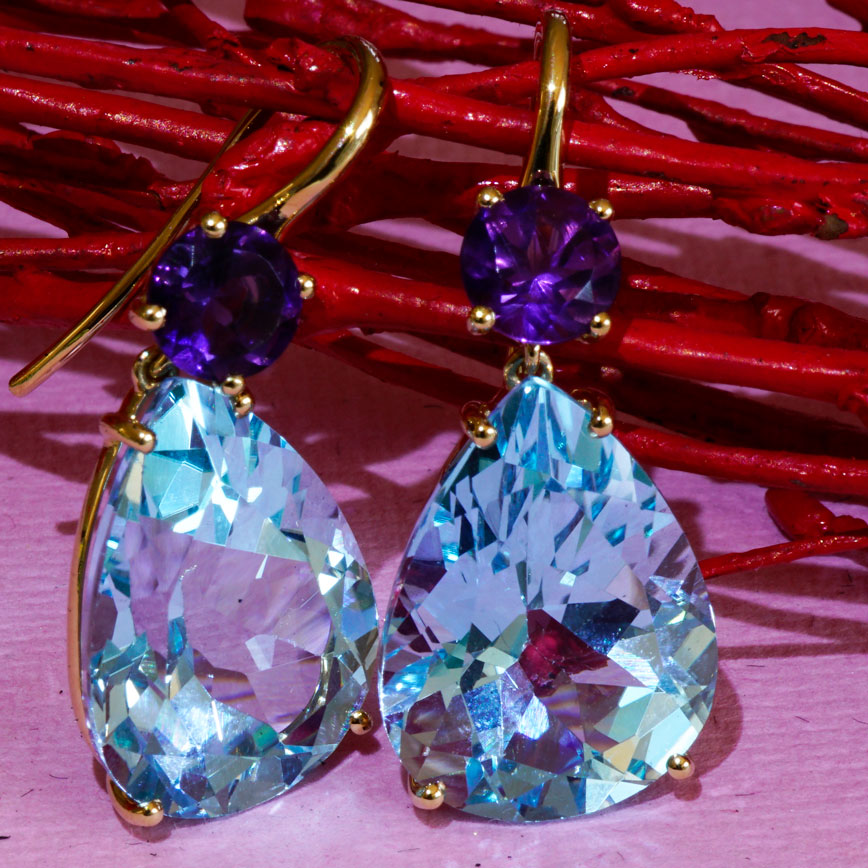 Bluetopaz Amethyst Earrings of high quality made in a traditional Italian goldsmith in Valenza, modern Design