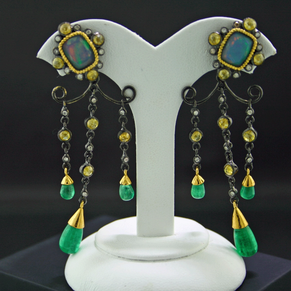 Emerald Opal Diamond Earrings Gold Silver Chandelier Shape....a feast for the Eyes
