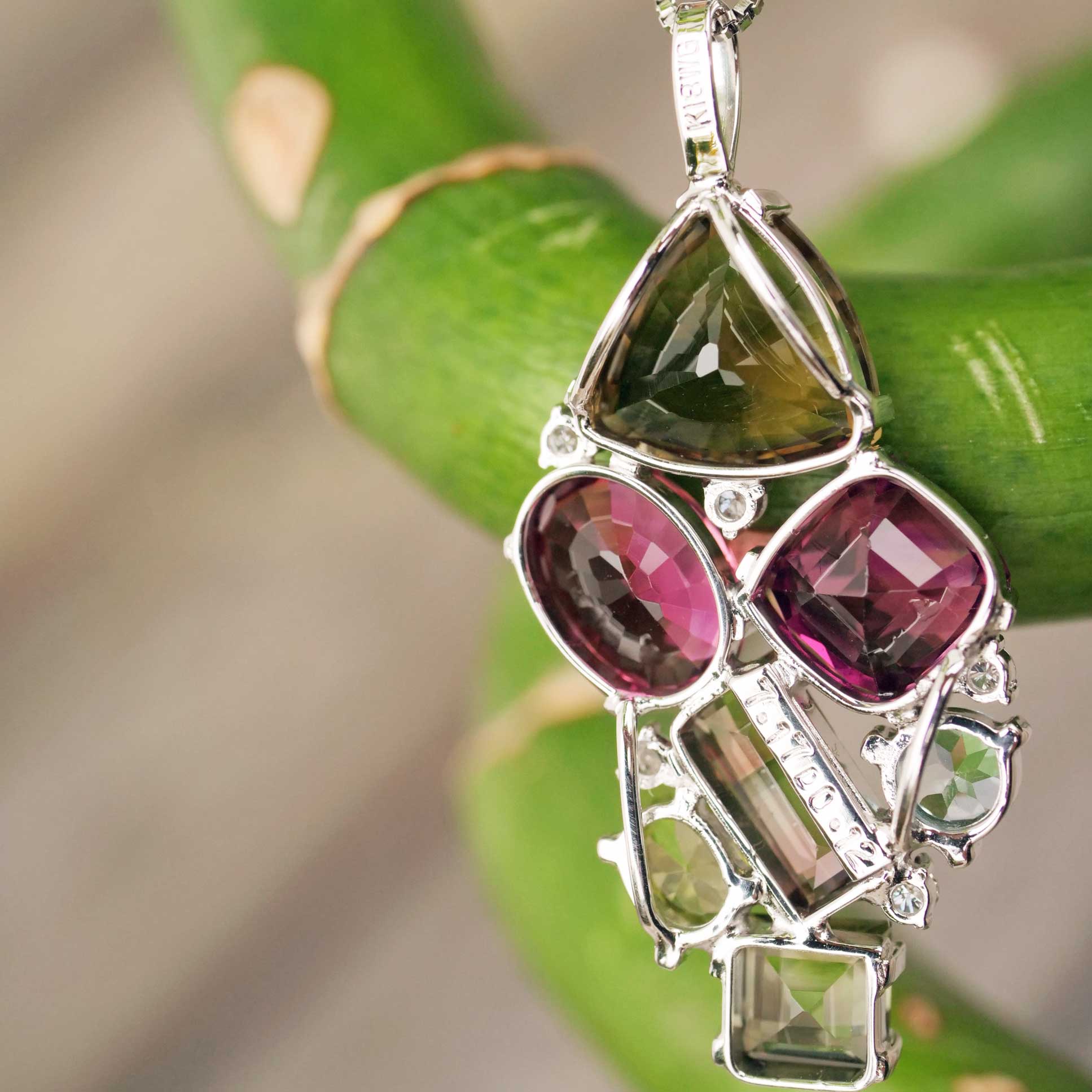 Tourmaline Brilliant Pendant 750 White Gold... rare colors... pink, bicolor, yellow total 7 ct