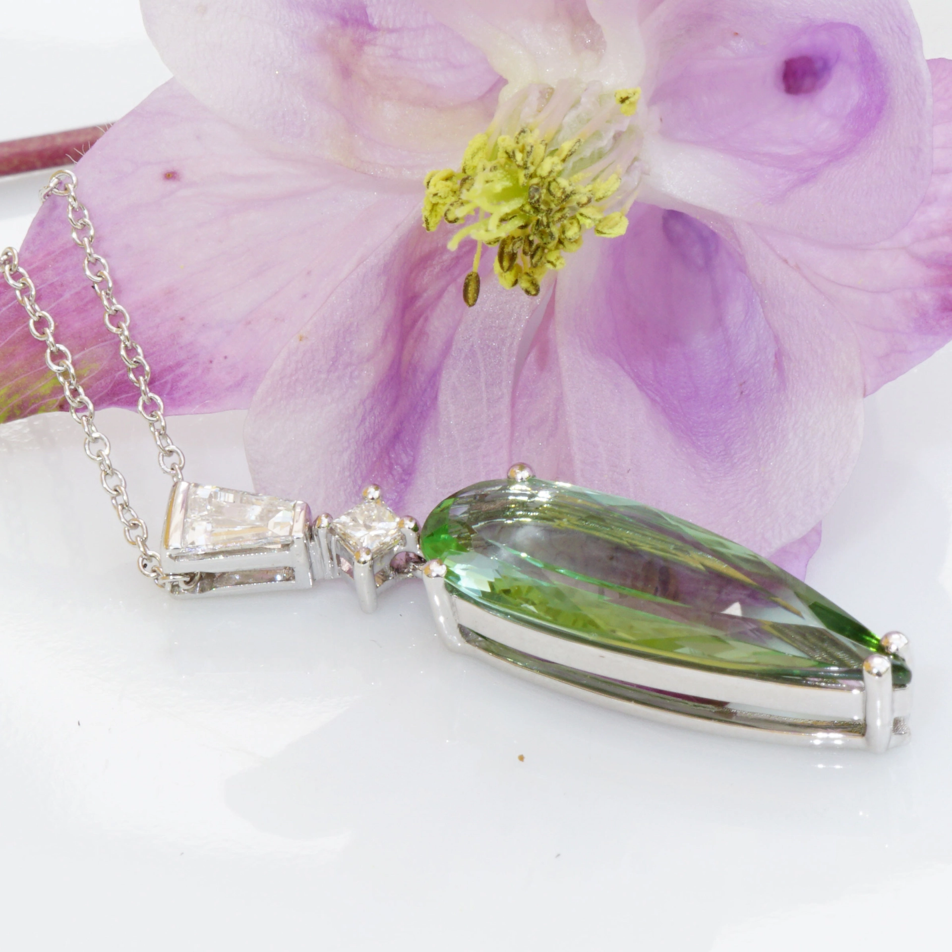 Tourmaline Seamfoam Green Diamond Necklace Rare Mint Color 18 kt White Gold