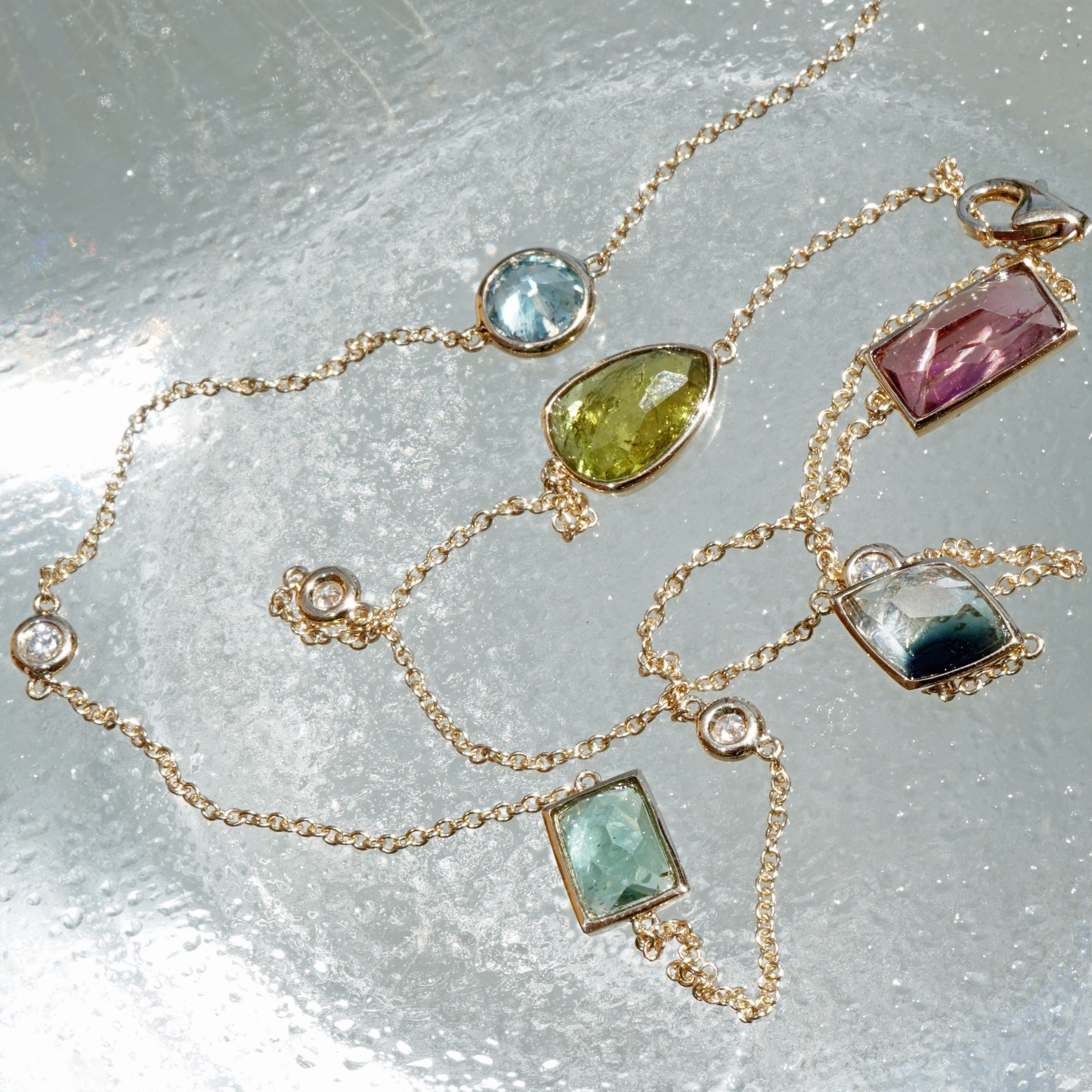 Turmalin Zirkon Diamond Necklace 14 kt Yellow Gold...Confetti Style