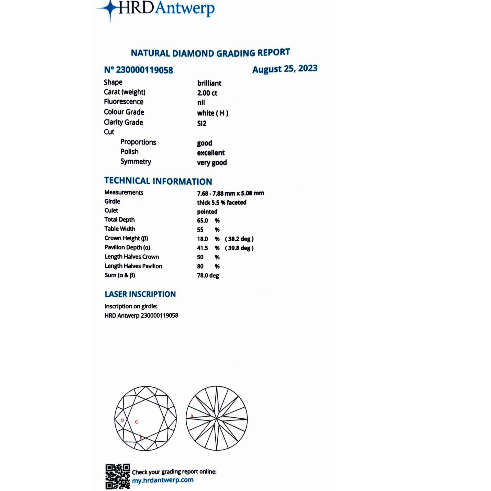 Pendant 18 kt White Gold Round full cut brilliant approx. 2.00 ct, H (white) / SI2 (small inclusion ) with HRD report Cut Good