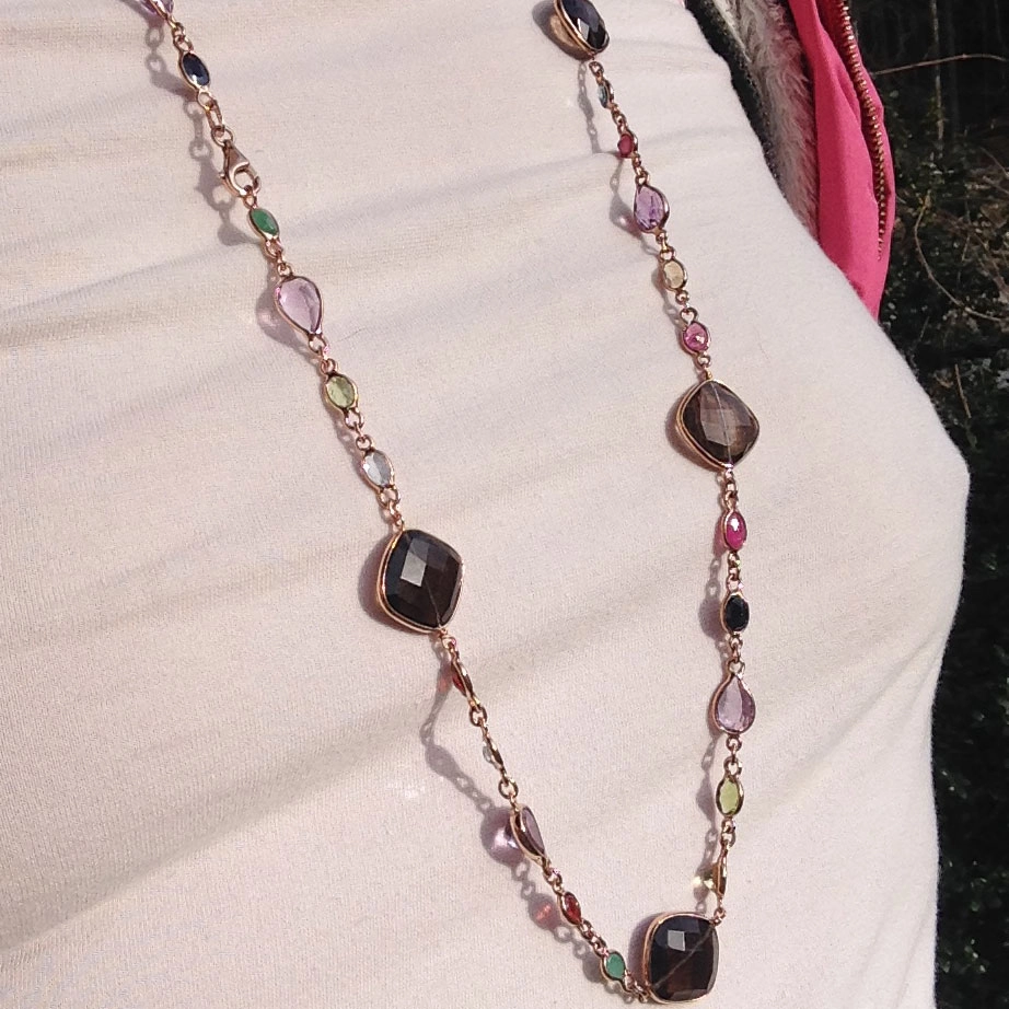 Lange Edelsteinkette, Smaragd,Rubin,Granat,Peridot,Topas,Citrin und große Rauchquarze, Silber/roseve