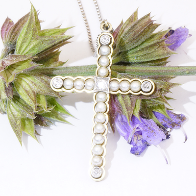 Antique Jewellery Cross Pearl Brilliant Pendant with Chain 585 White Gold Yellow Gold around 1900