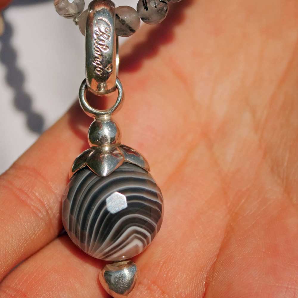 Chilango Rutilated Quartz Agate Necklace in 100 cm Length with Great Striped Agate Pendant 925 Silver