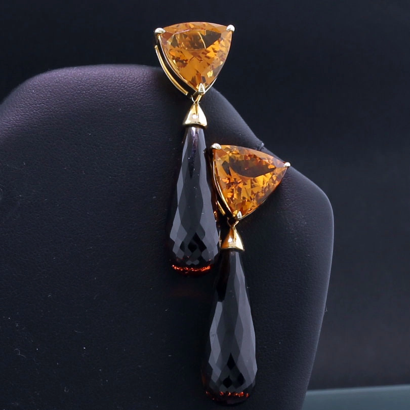 Citrin Rauchquarz Ohrhänger mit Stecker in 750er Gelbgold gearbeitet 62.24 ct
