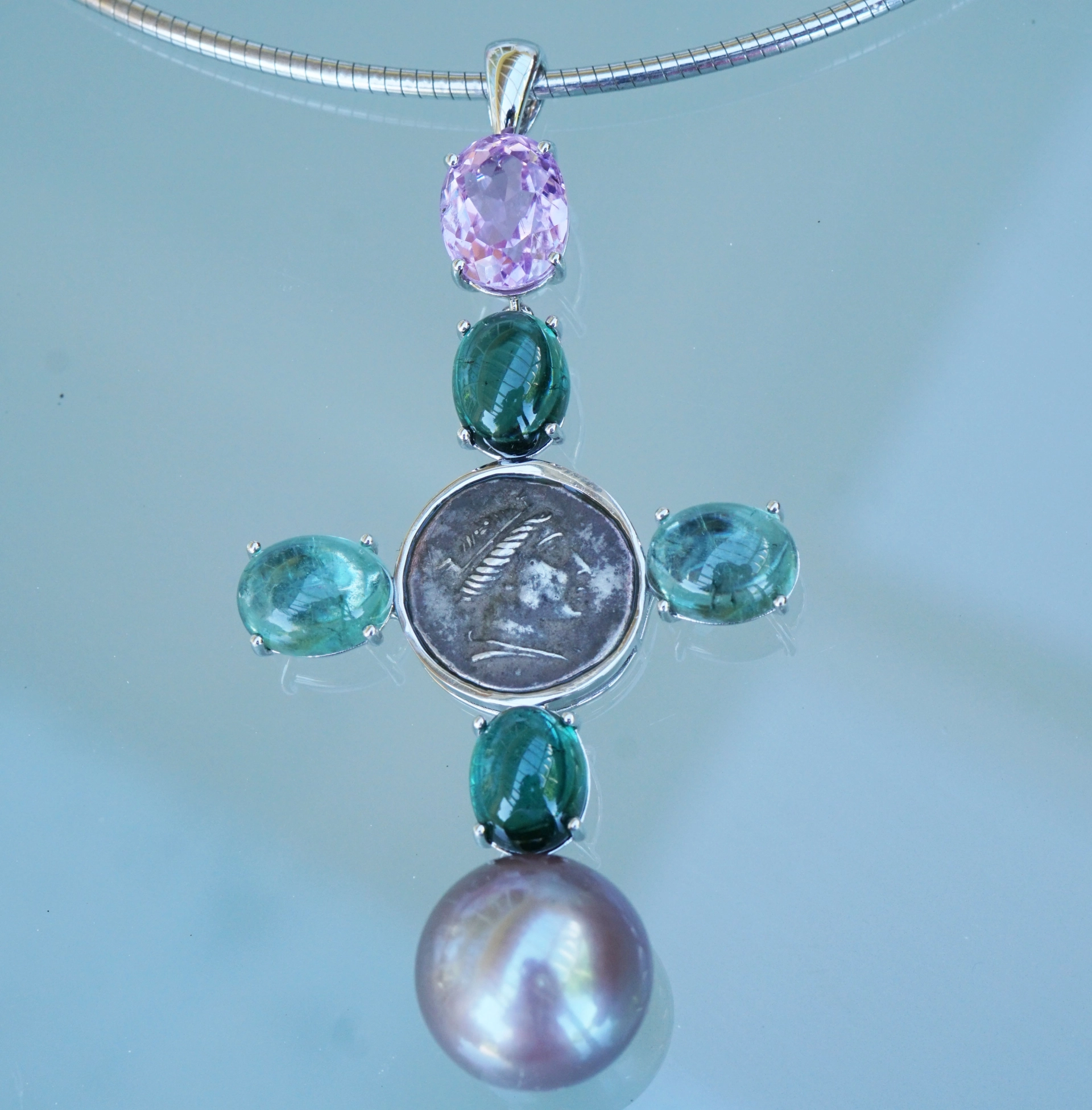 Pendant Cross with Replica Coin and blue-green Turmalin and Kunzite