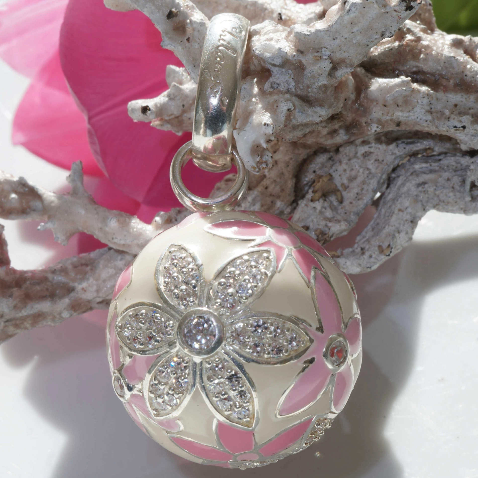 Chilango Pendant Faberge Style  pink Flower with Circonia 925 Silver Enamel