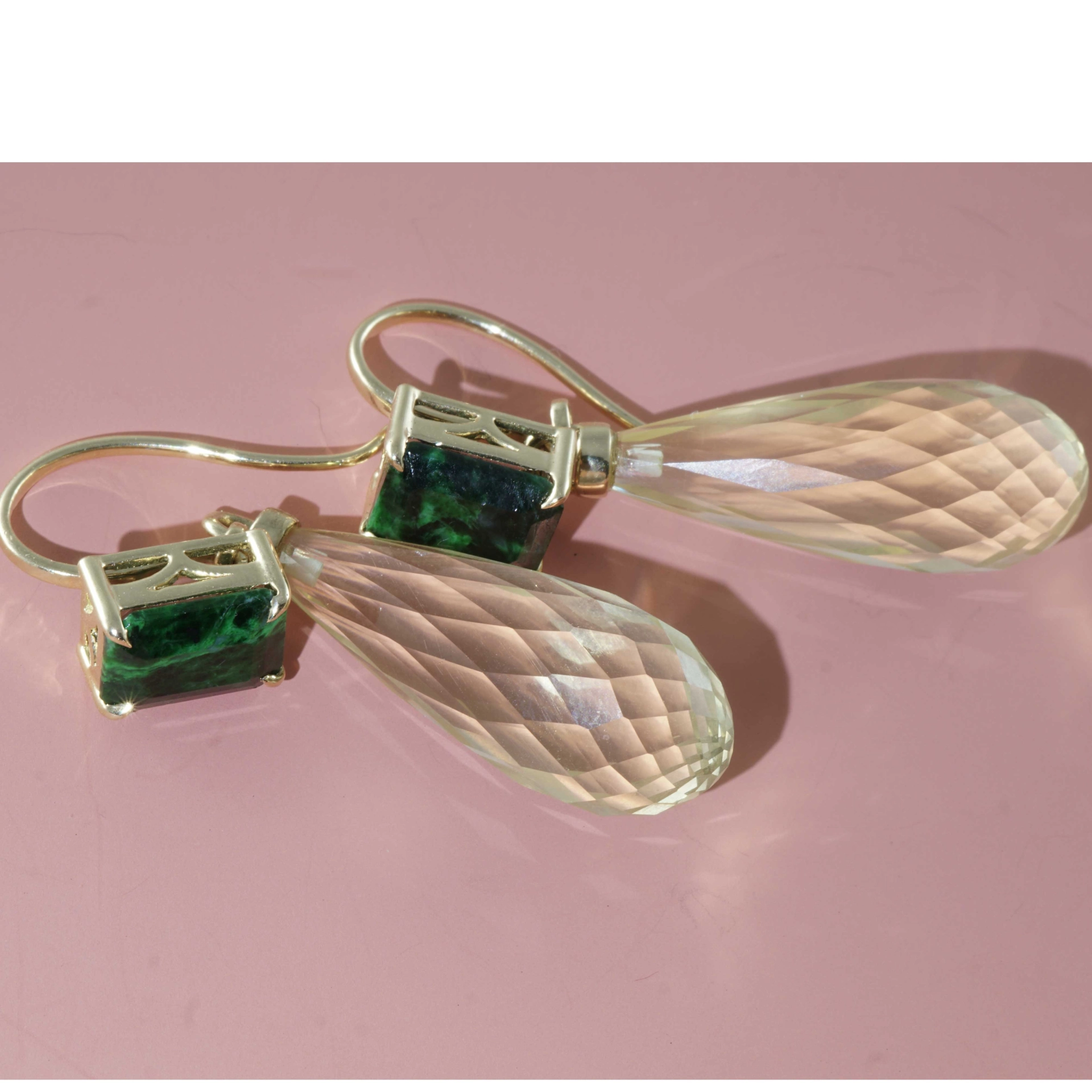Lemon Citrine Chlormelanite  Earrings 18 kt Yellowgold..green yellow Inspiration