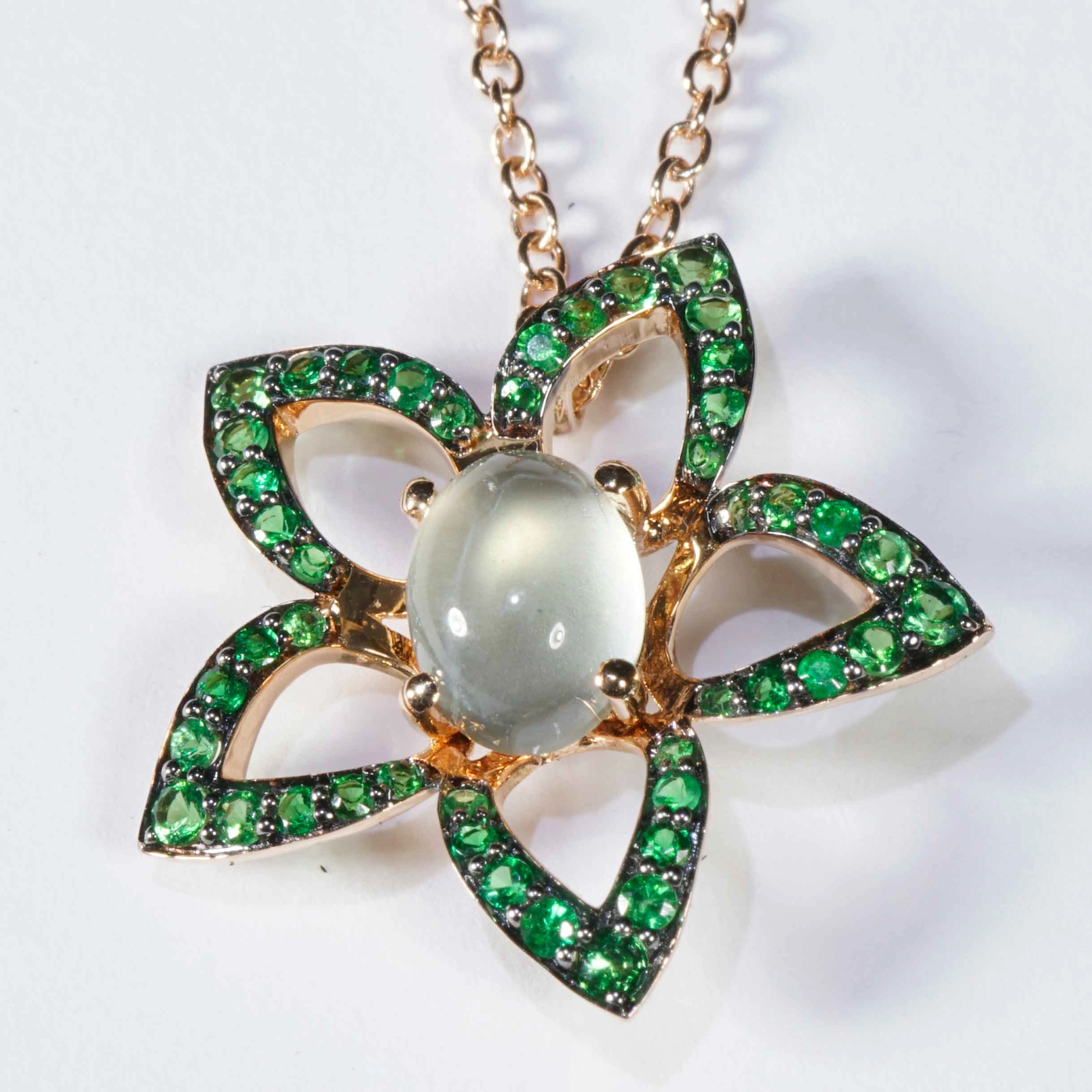Floral Moonstone Tsavorite 18 kt Rosegold Pendant with Chain....poison green and moonlight