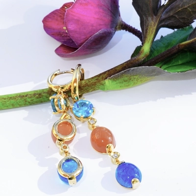 Neon blue paraibacolored Apatite Topaz and Moonstone Earrings 18 kt Jewellery 