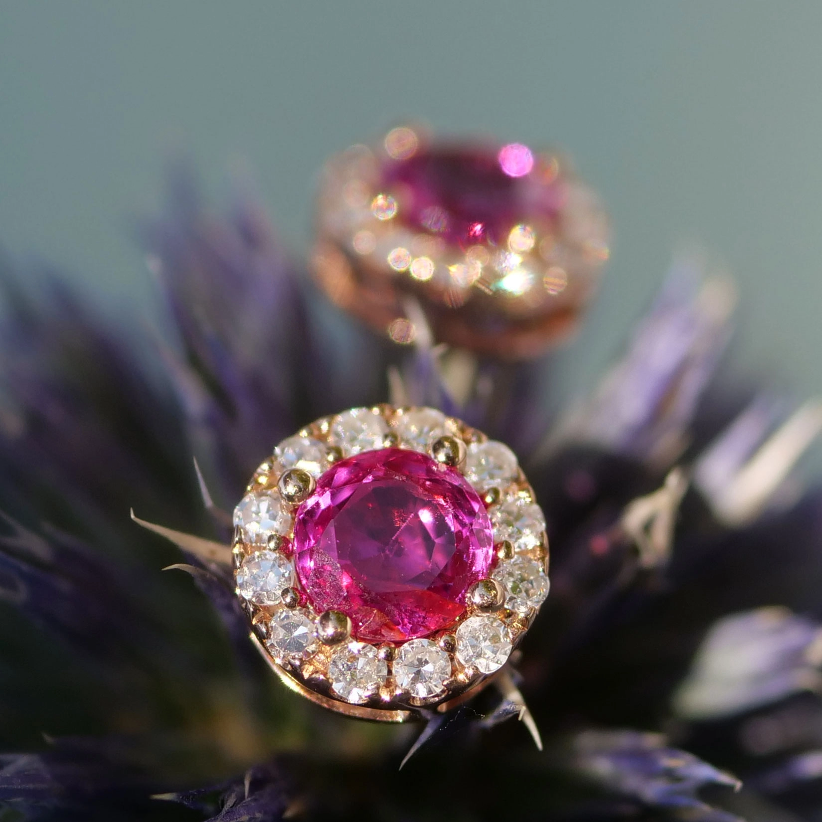 Schmuckzicke Rubine Burma Pink halostil Diamanten Rosegold 18 kt