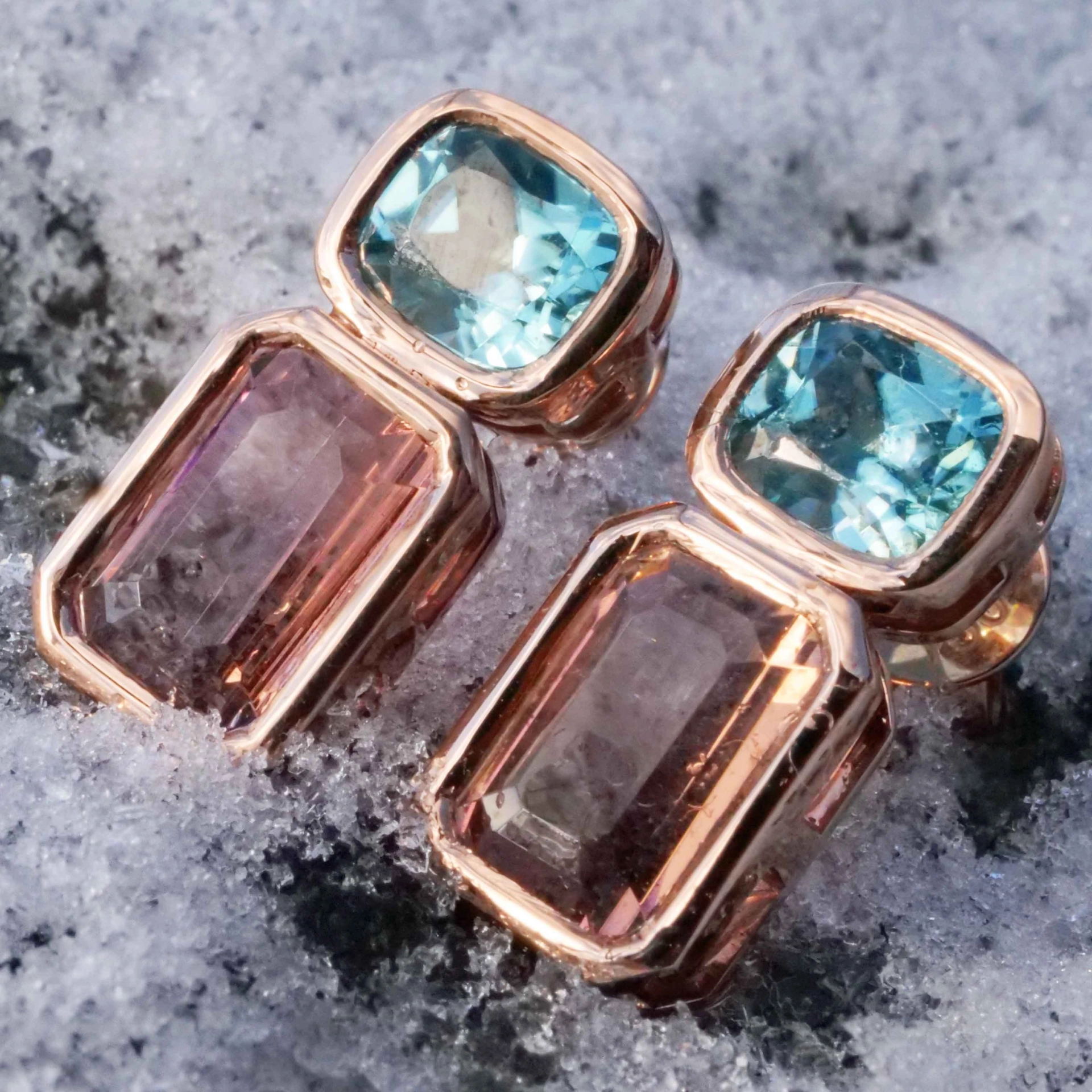 Blue Zirkon Tourmaline Ear Studs 18 kt Rose Gold....such a exquisite Color Combination