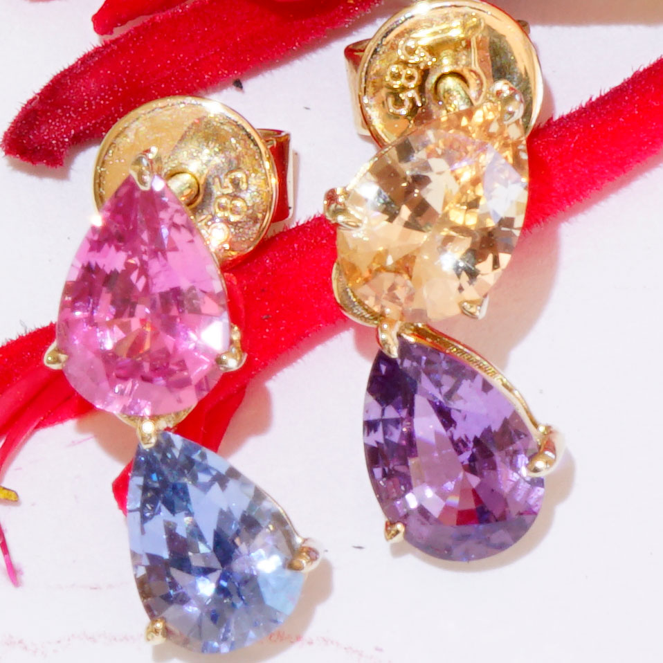 Saphire Earrings blue pink apricot purple 18 kt Yellow Gold Ilanka Mine Madagascar