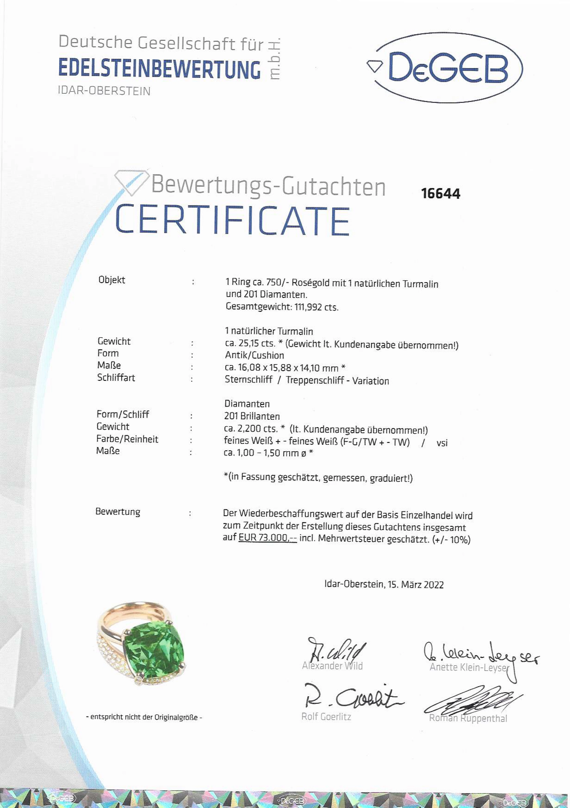 Tourmaline Diamond Ring 18kt Rosegold investment gem 25.15 ct Afghanistan green-bluish loupe clean AAA+ 16 x 16 x 14 mm