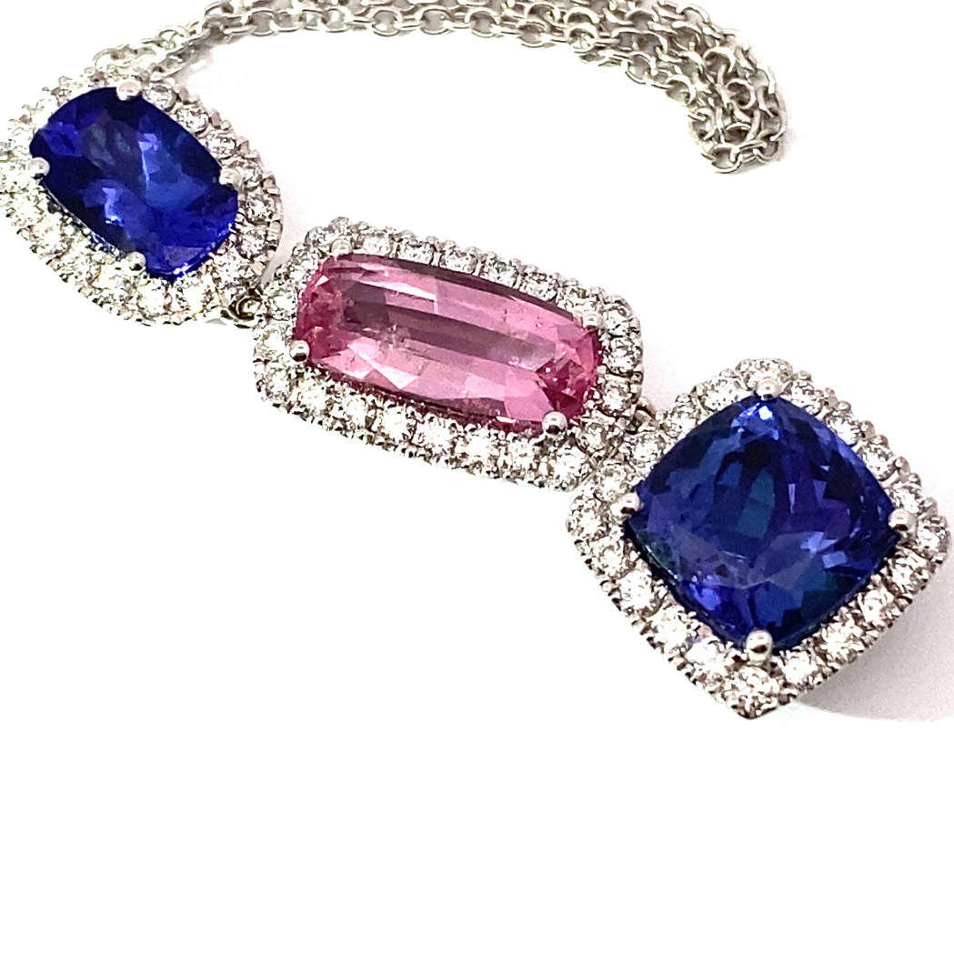 Tanzanite Spinel Brilliant Pendant w. Chain 750 White Gold 6 ct 0.70 AAA+ Blue Lily and Dream Pink