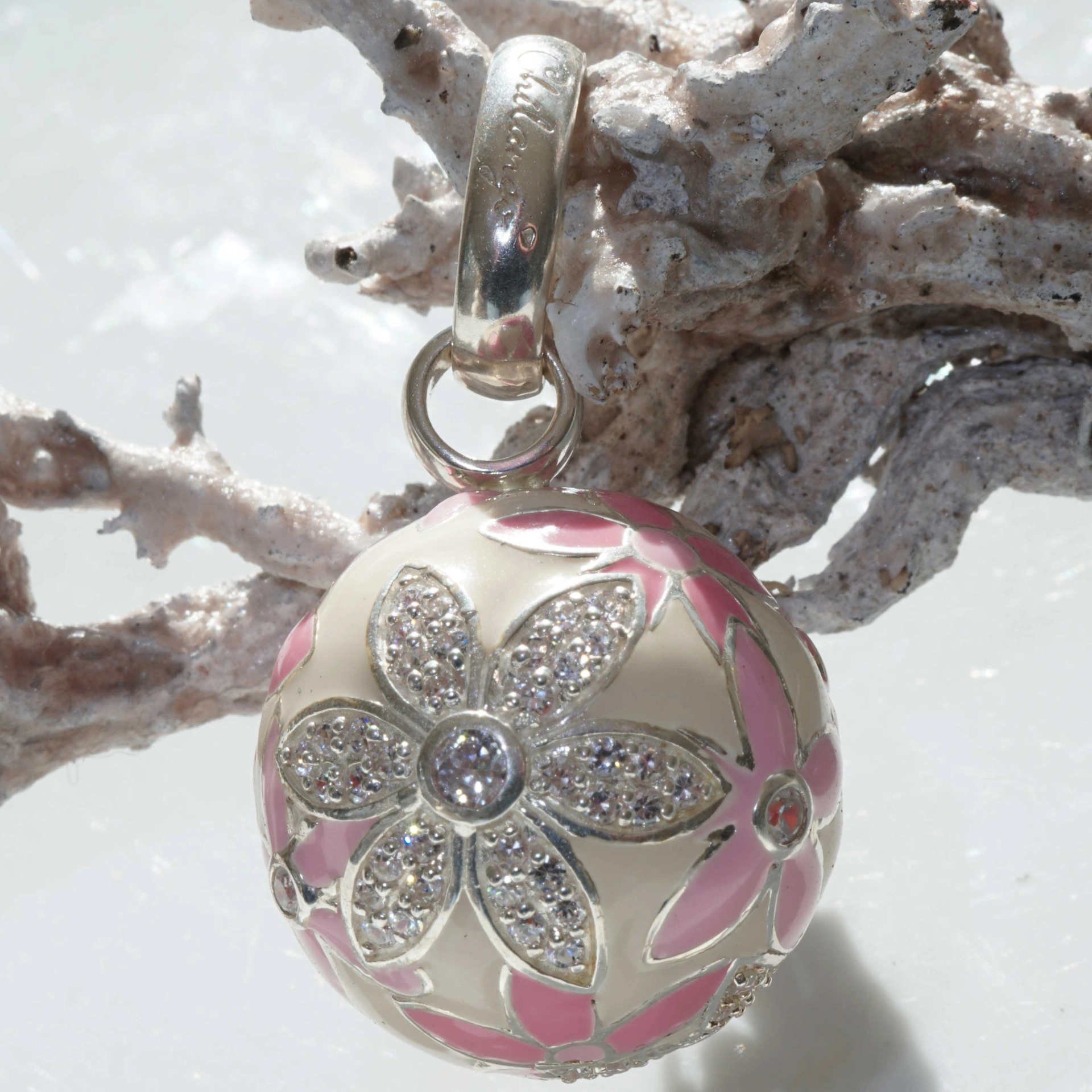 Chilango Pendant Faberge Style  pink Flower with Circonia 925 Silver Enamel