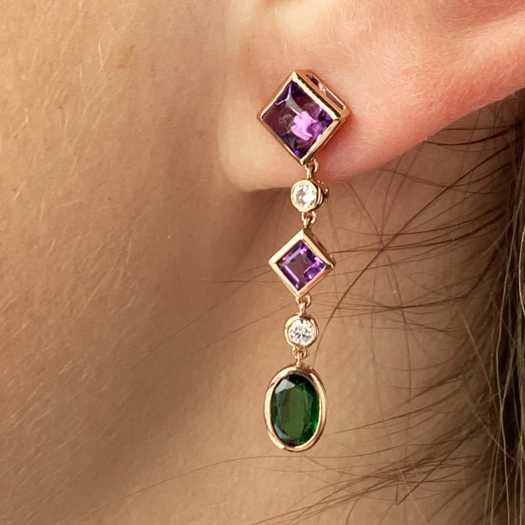 Amethyst Diopsid Diamonds Earrings 18 kt Rosegold...Dragonia