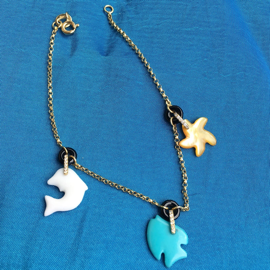 Tricolore-Delphin-Fisch-Seestern-Brillant-Armband-750er-Gelbgold
