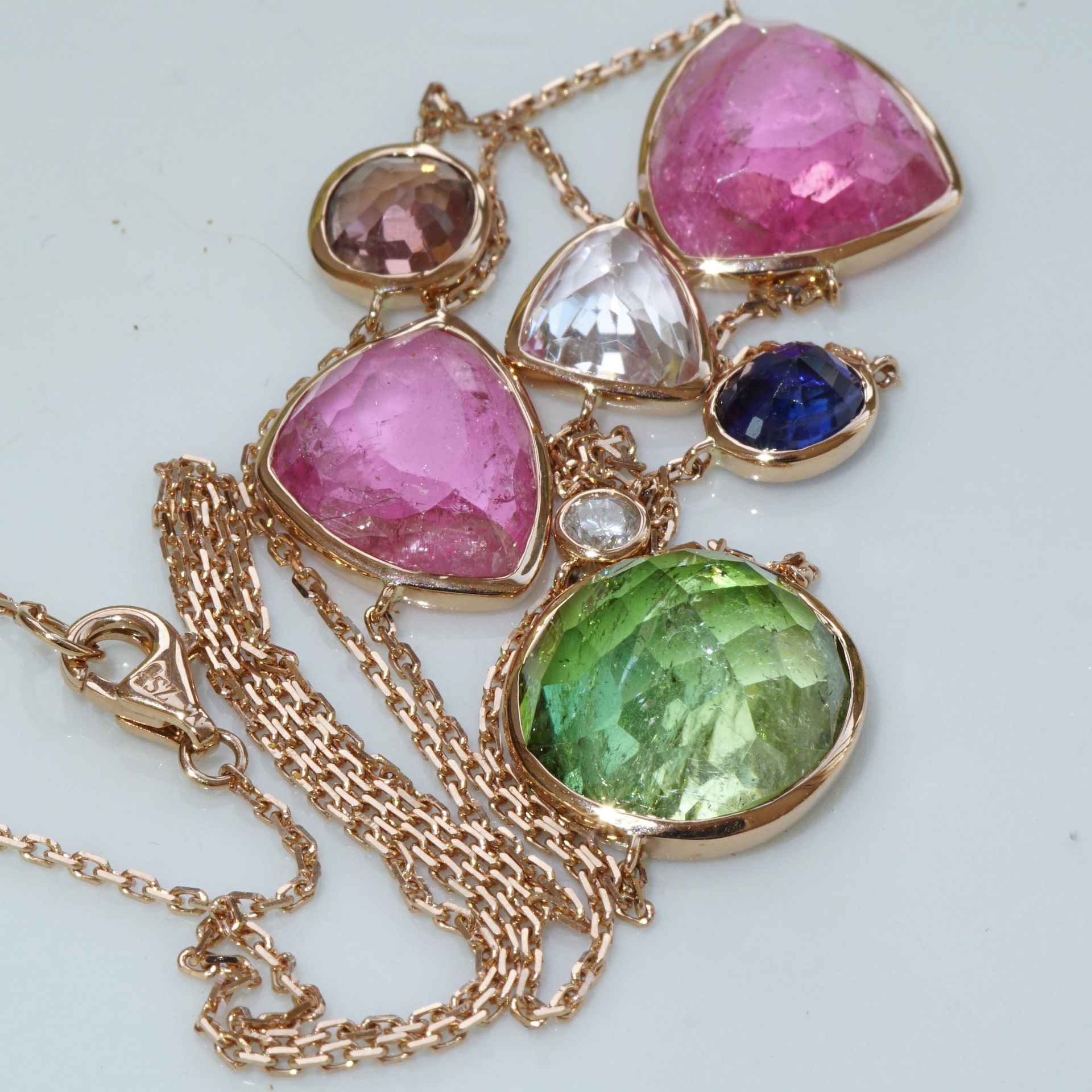 Modern Dream Necklace with Ceylon Saphire and great Rosecut Turmalin