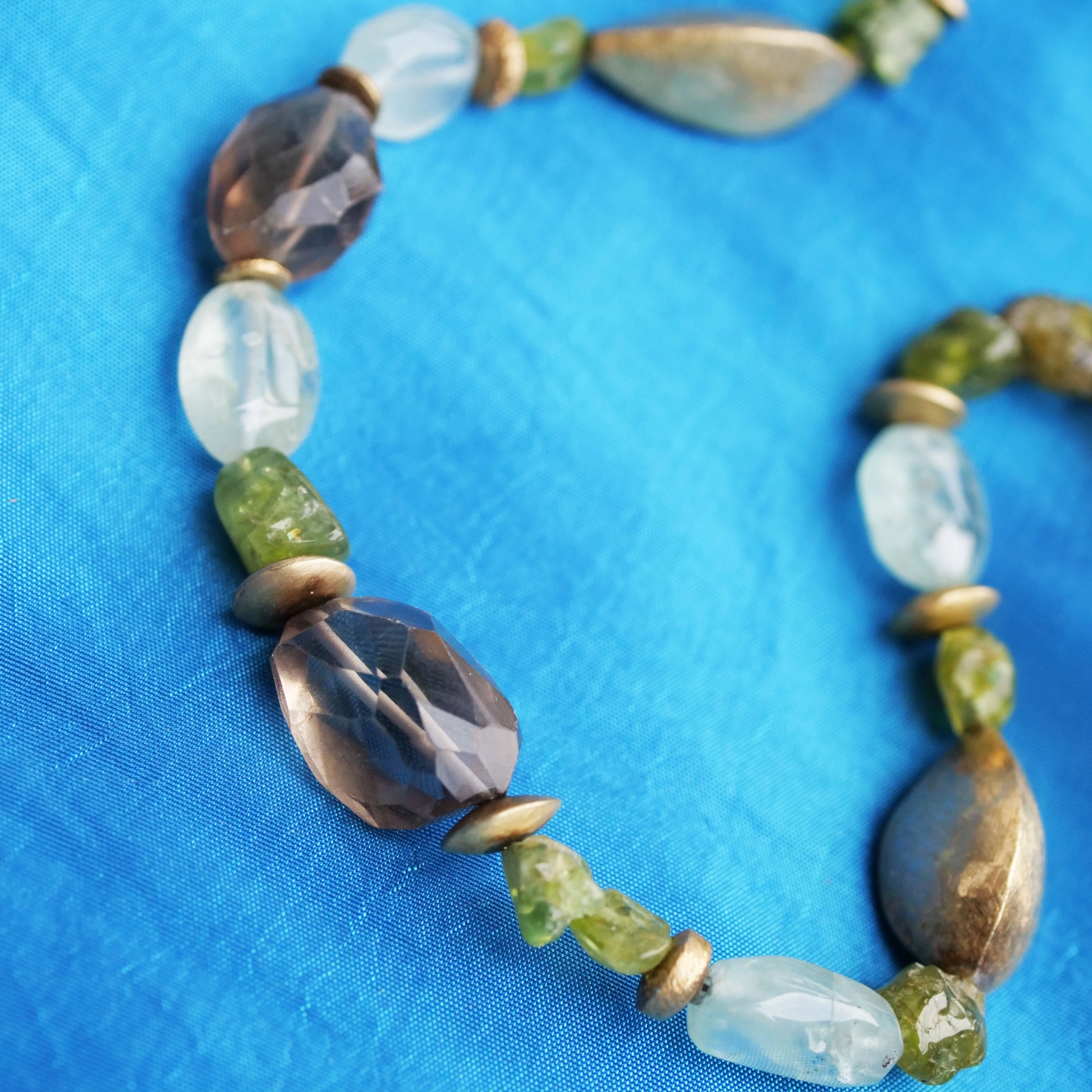  Tumbled and faceted Smoky Quartz, Peridots, Aquamarine Necklace