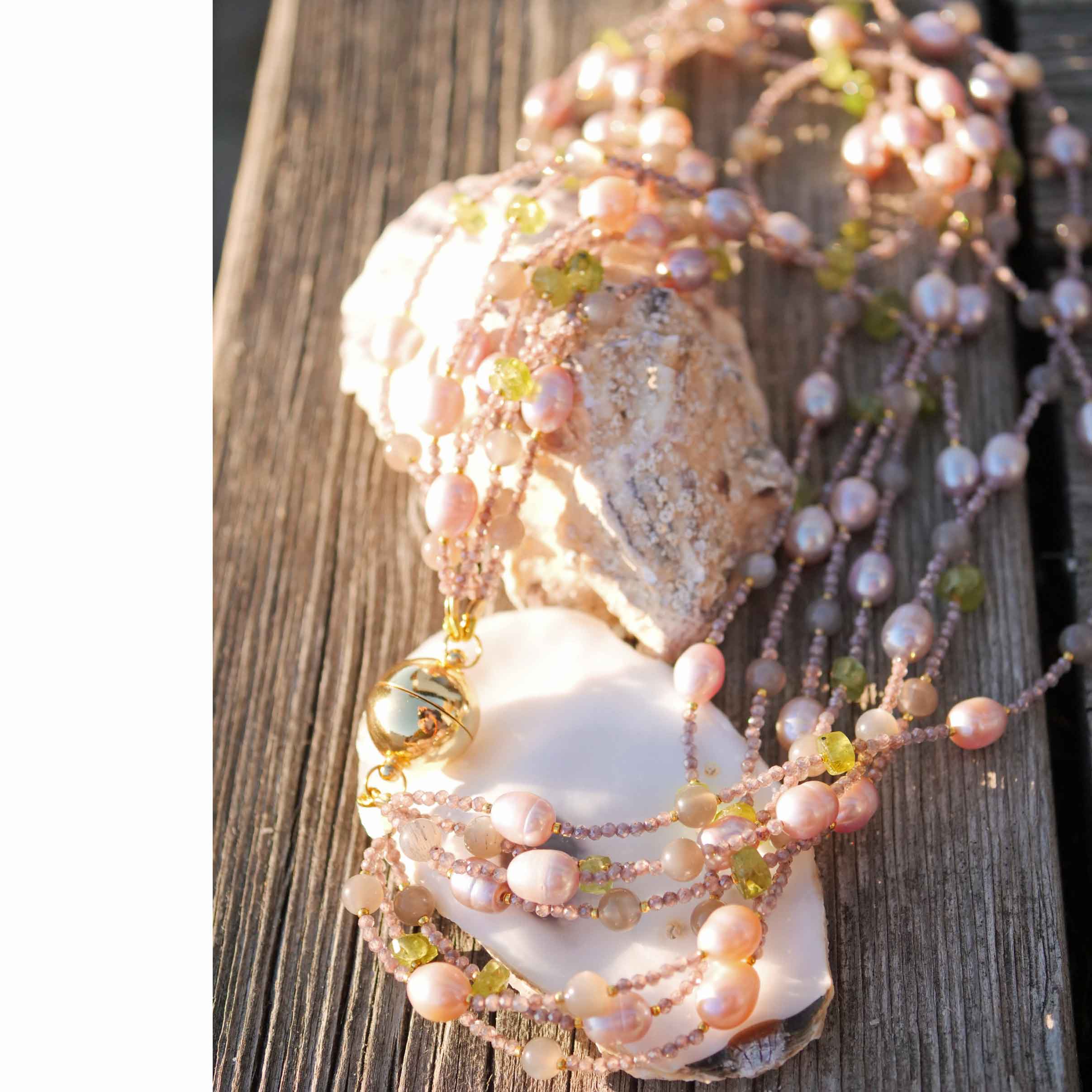 Turmalin Peridot Mondstein Perl Collier mit Magnetschliesse in vergoldet 49,5 cm 7-reihig 