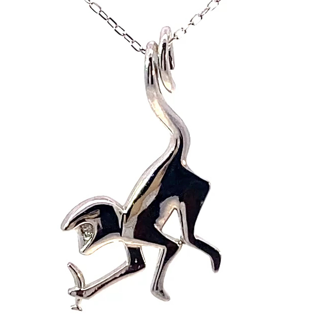 Monkey with Banana Pendant 750 White Gold Diamond 0.03 ct with Chain 37 x 15 mm 2.5 grams