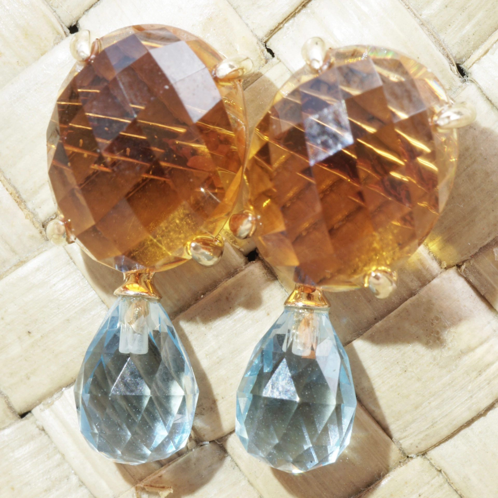 Citrine Blue Topaz Earrings 14 kt Yellowgold....Sky and Sun