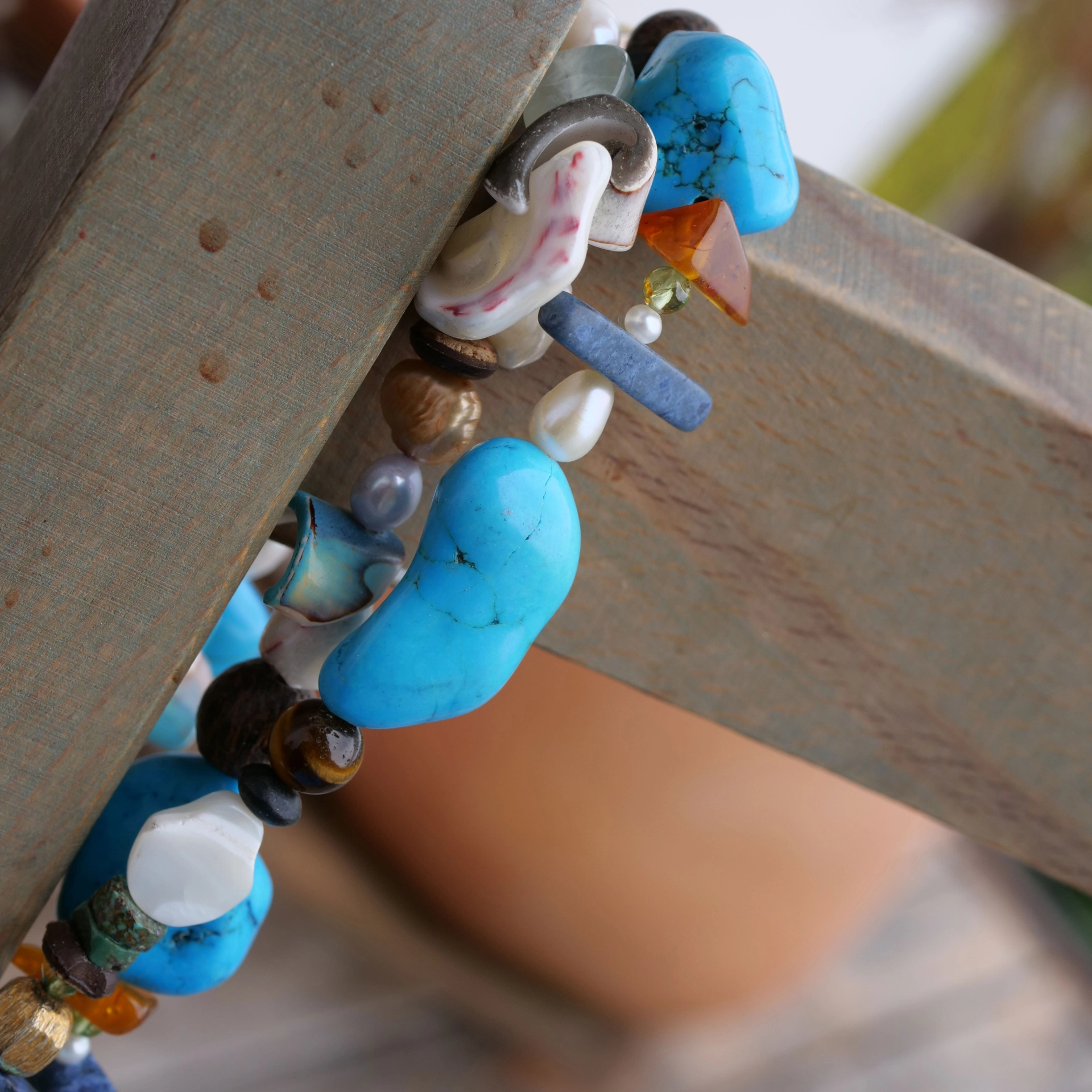 Gem Necklace with Turquoise Shells Pearl Lava Rock...what a Diversity