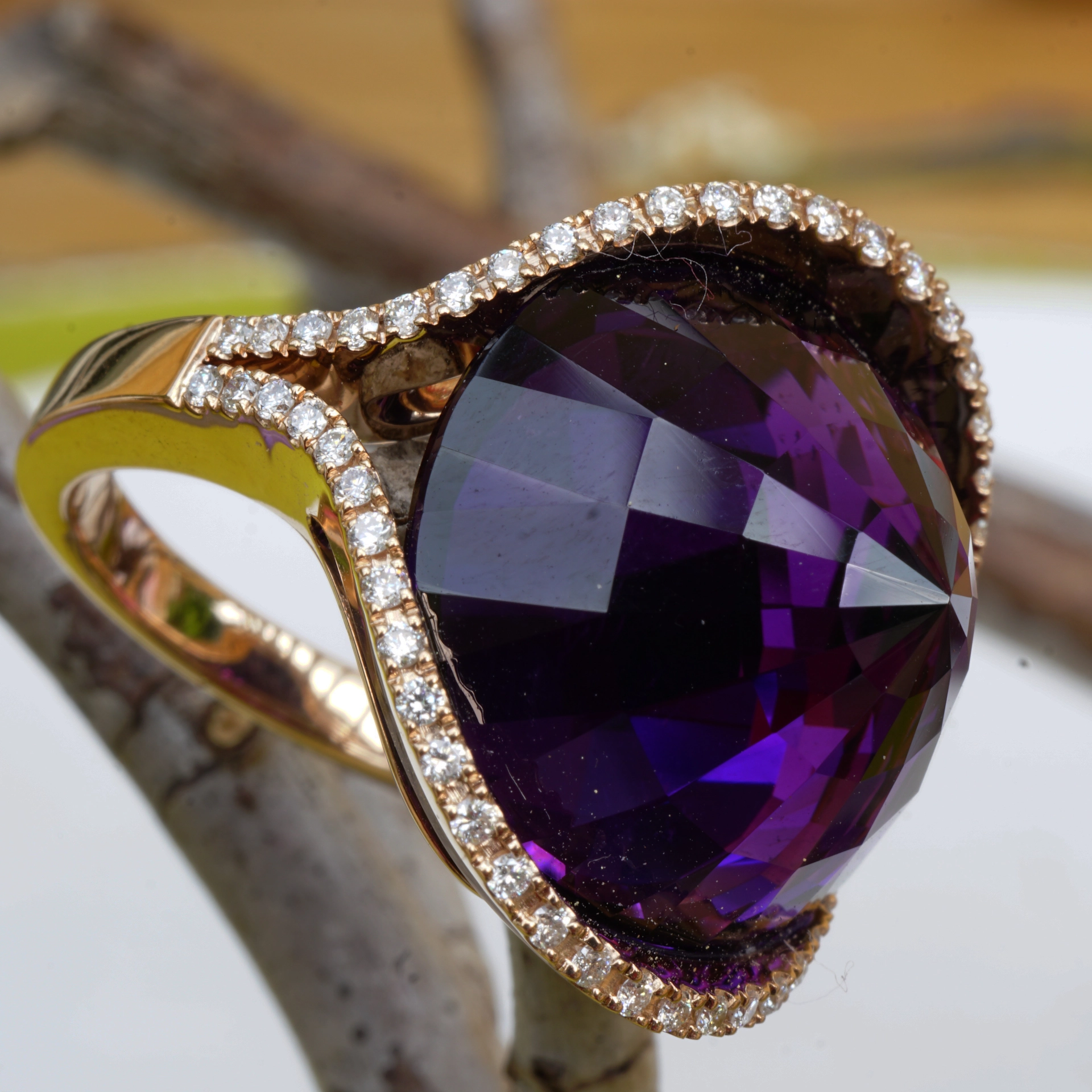 Amethyst designer ring 750 yellow gold designed in Valenza with certificate .. Italian attitude to life