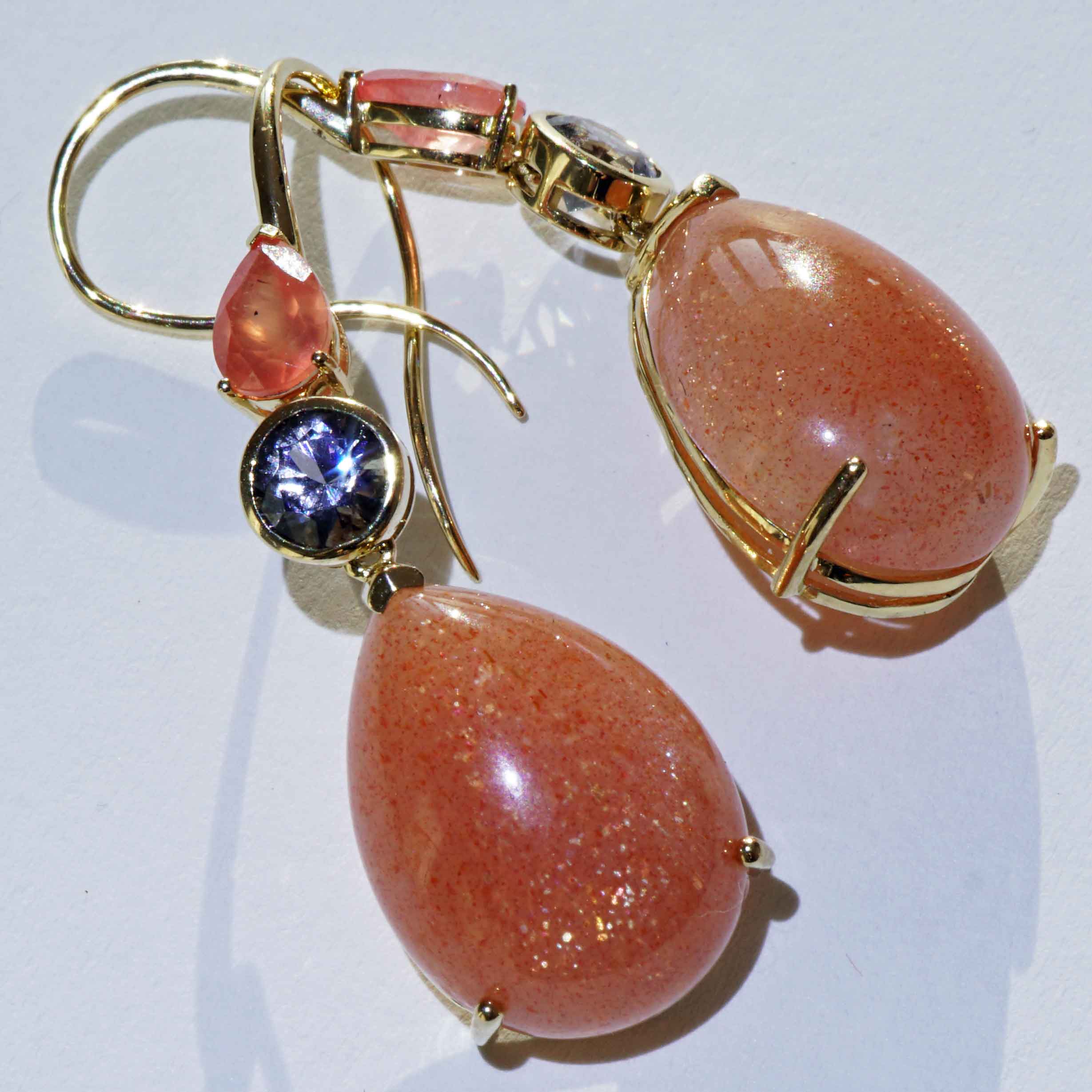 Rhodochrosite Spinel Sunstone Drop Earrings in 585 Yellow Gold... refreshingly different colors in orange and pink