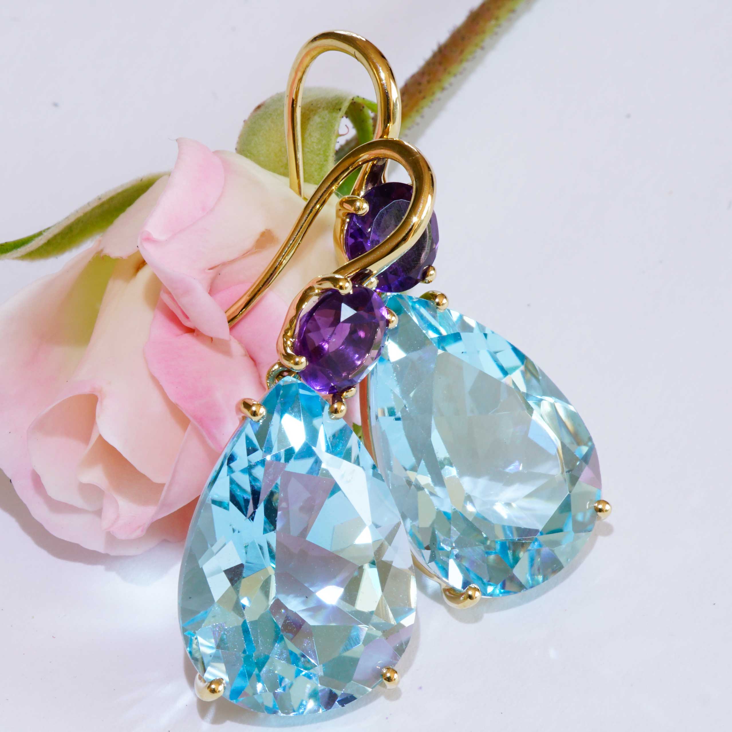 Bluetopaz Amethyst Earrings of high quality made in a traditional Italian goldsmith in Valenza, modern Design
