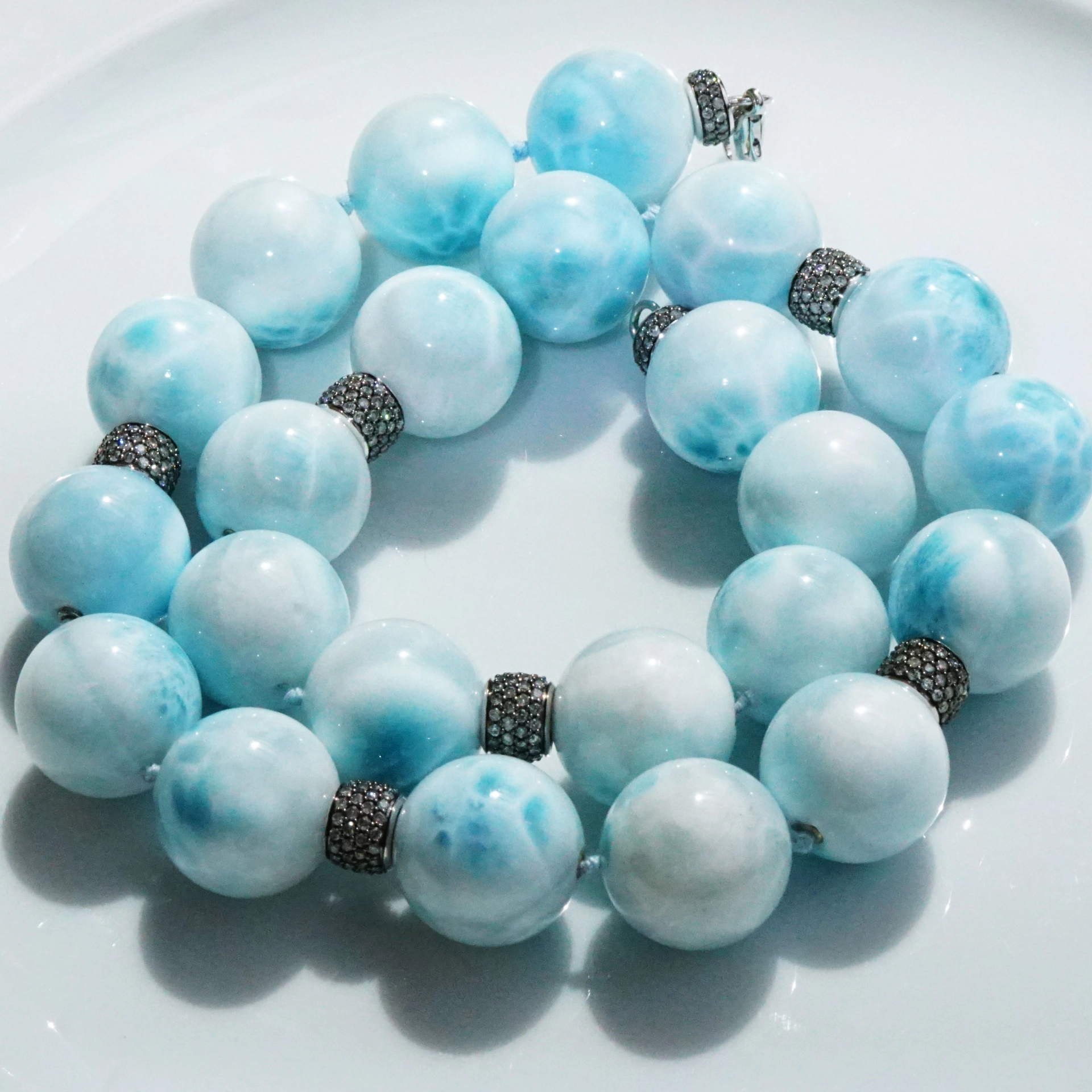 Larimar Ball Necklace 18 kt Whitegold with grey Diamonds..cloudy Beauty..Highest Quality