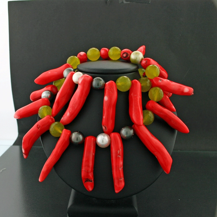 Collier aus großen Korallästen, Südsee-u-Tahitiperlen, Jadequarz, Silber-Magnetschliesse