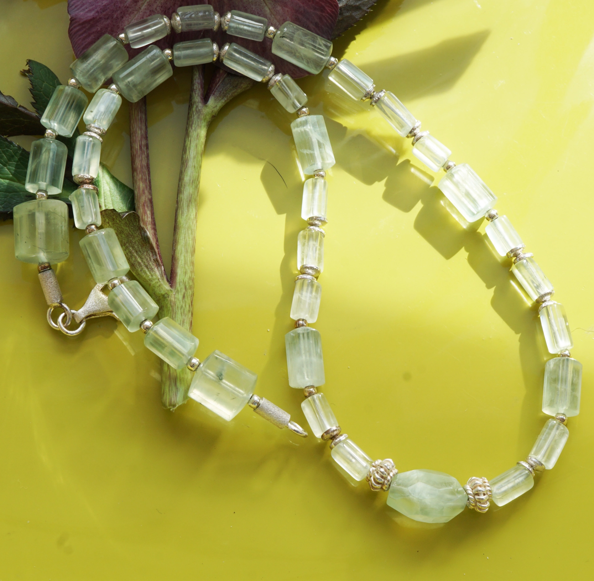 Gemstone Necklace with running Prehnites in different Color Nuances