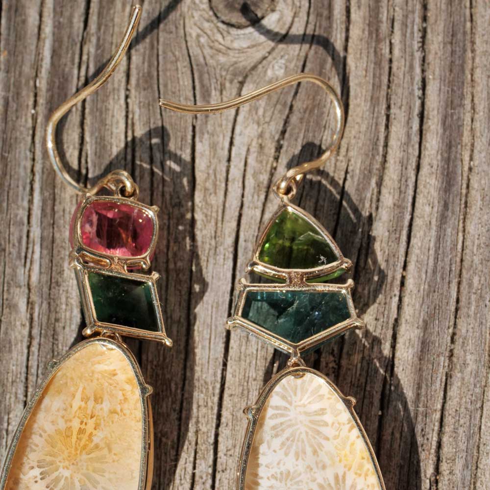 Tourmaline earrings, 585 yellow gold, 9.22 ct, with petrified coral from Bali from another period