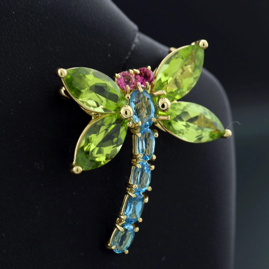 FARBENRAUSCH Libelle Anhänger/Brosche TOPAS/PERIDOT/TURMALIN 750er-Gelbgold