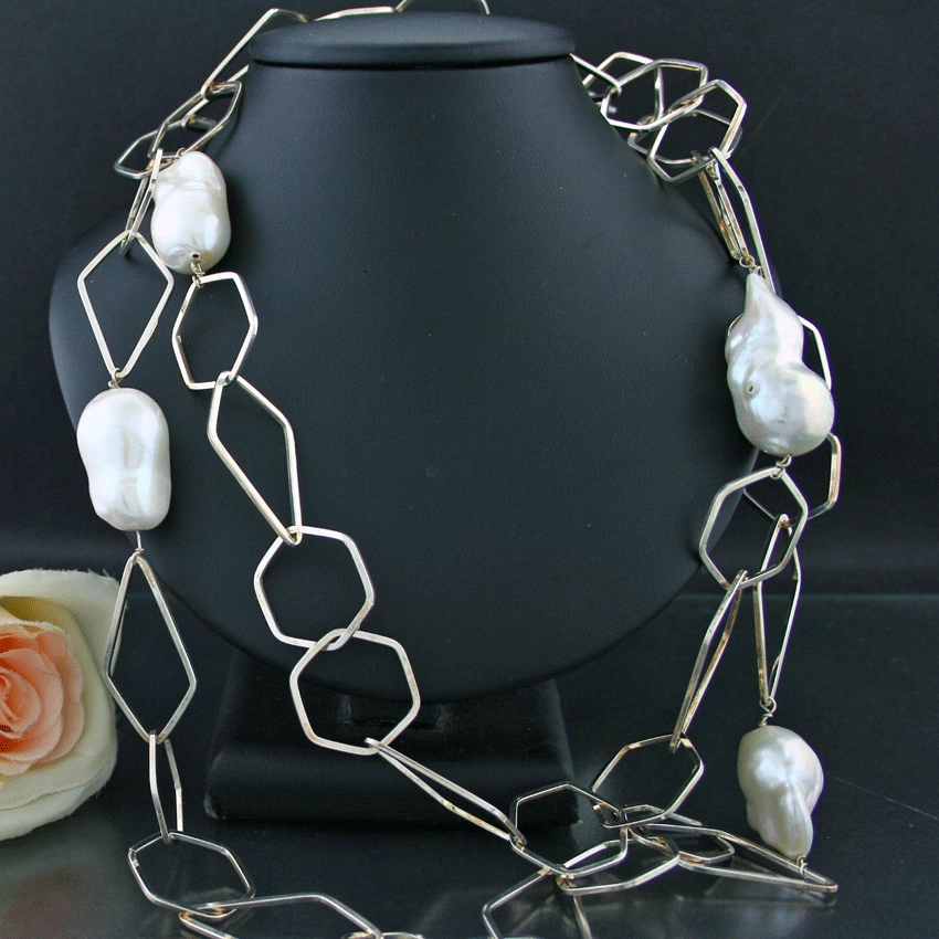 Lange Silbergliederkette mit Jumboperlen 925 Silber