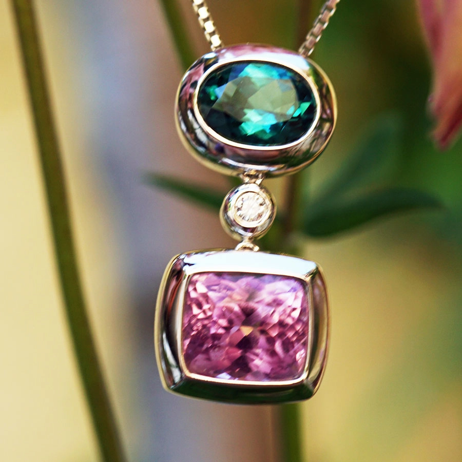 Kunzit Turmalin(Indigolith) Brillant Anhänger AAA Kette 750er Weißgold 5.18 ct 1.67ct 0.05 ct
