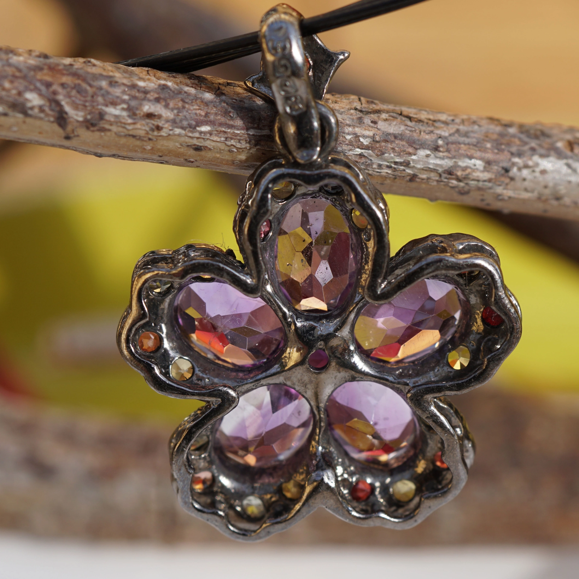 Edelstein Anhänger 925er Silber bunt in Blütenform Amethyst, Turmalin, ....