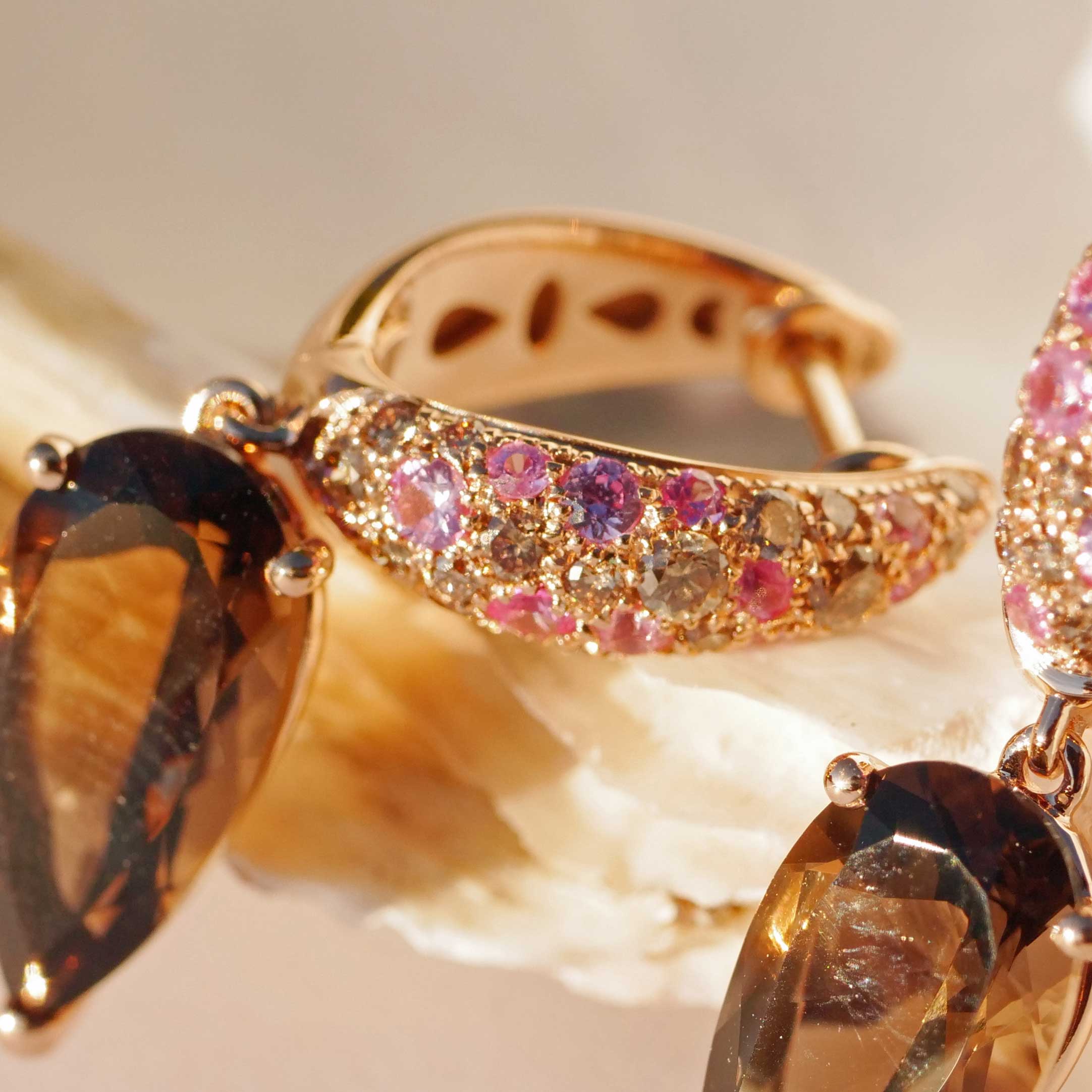 Sapphire Smoky Quartz Brilliant Earrings 750 Rose Gold... noble combination.. Pink and Mocha 6 ct 0.51 ct