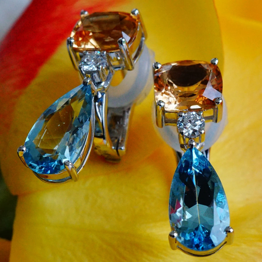 Imperial Topaz Aquamarine Earrings 18 kt White Gold Swedish Colors