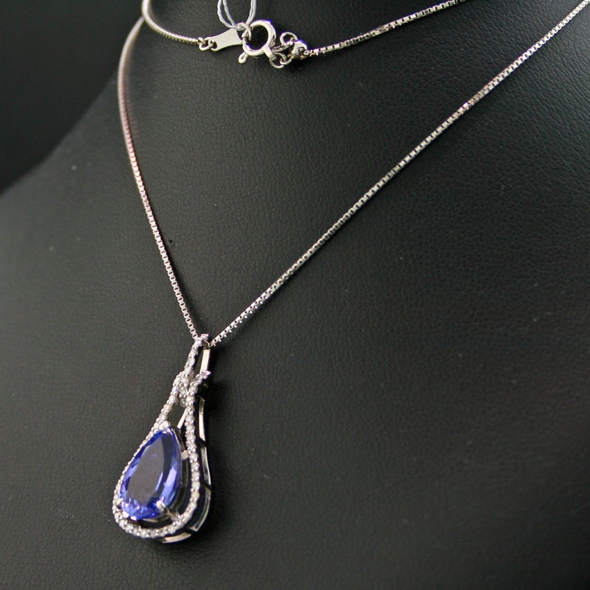Tansanit-Brillant-Anhänger, 900/-Platin mit Kette in 850/-Platin