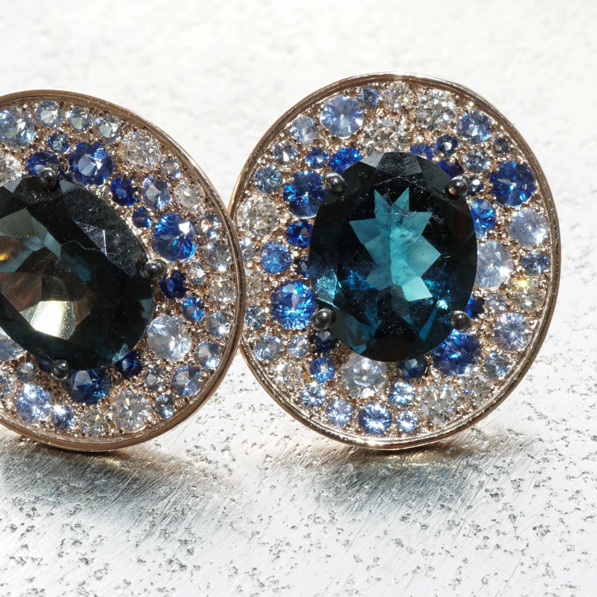 Power of Magic..Rosegold Earstuds in Mystic Blue Colors with Saphire and Diamonds