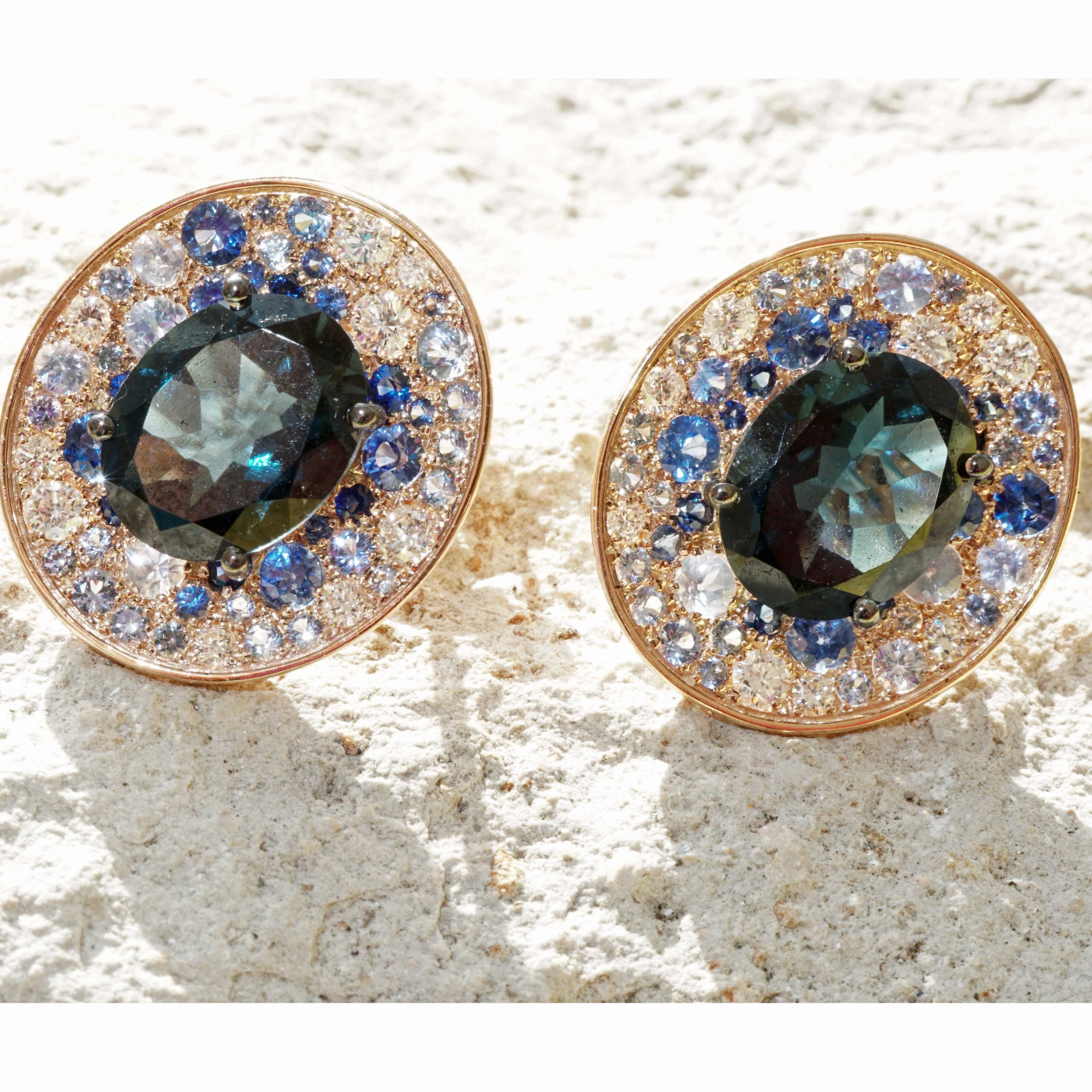 Power of Magic..Rosegold Earstuds in Mystic Blue Colors with Saphire and Diamonds
